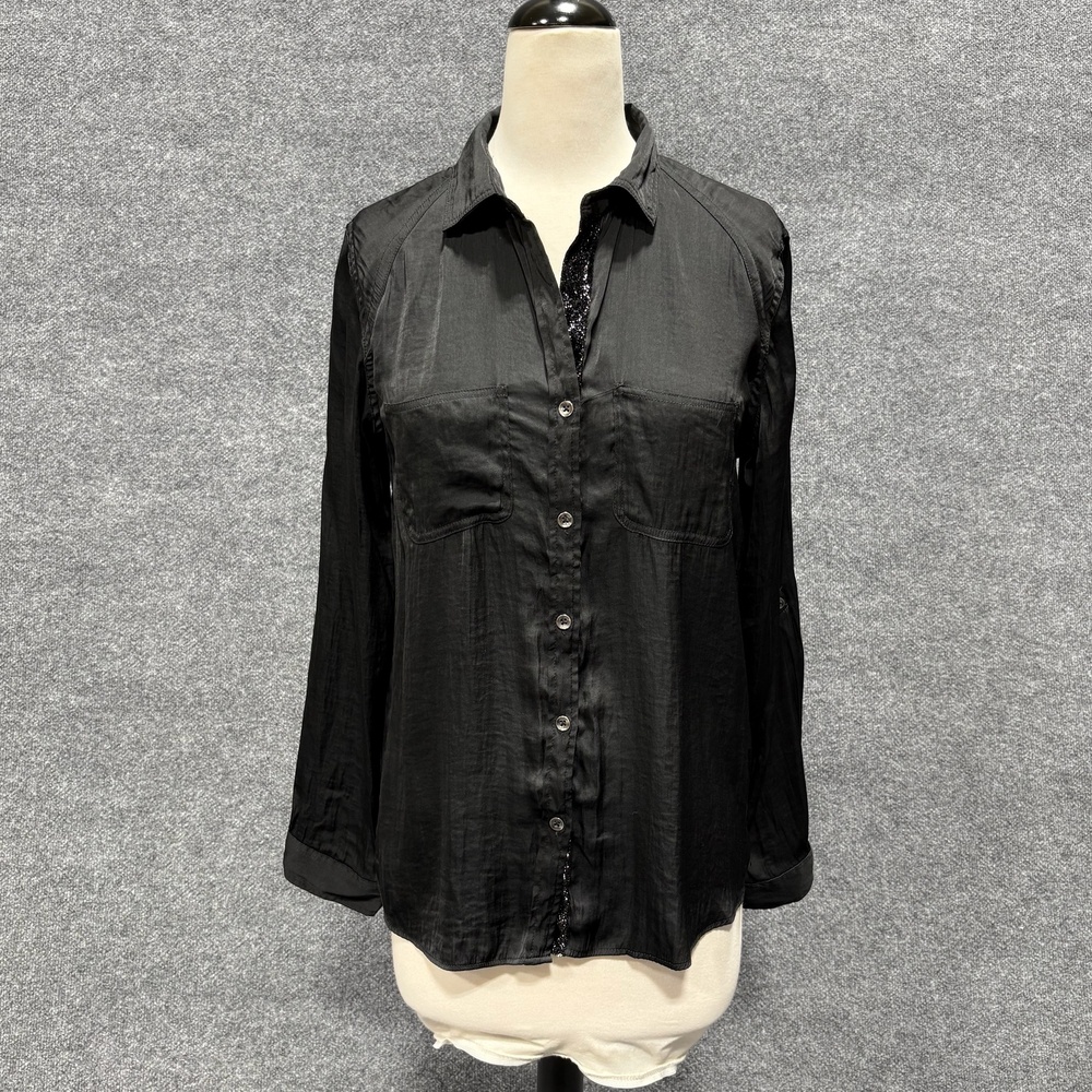 Rock & Republic Shirt Womens M Black Satin Button Front Roll Tab Tunic Top